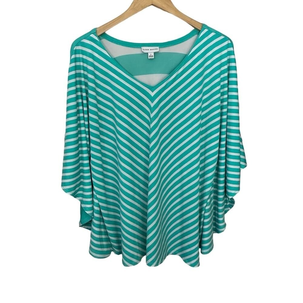Susan Graver Batwing Blouse Liquid Knit‎ Womens L Green White Stripe Pullover
